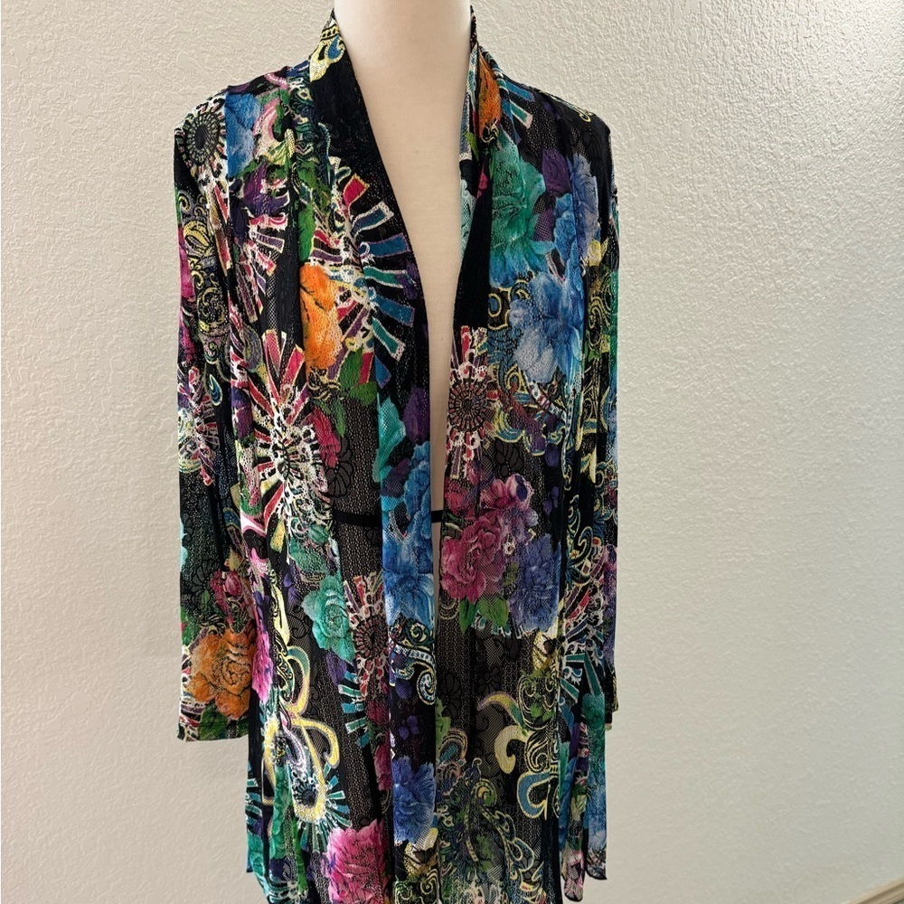 Calessa Open Multicolor Mesh Floral Print 3/4‎ Sleeve Cardigan Women's Sz. Small